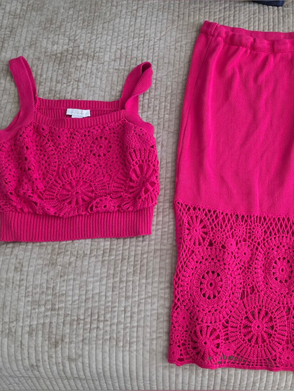 Hot Pink Crochet Knit Two-Piece Set - Crop Top & Skirt Small